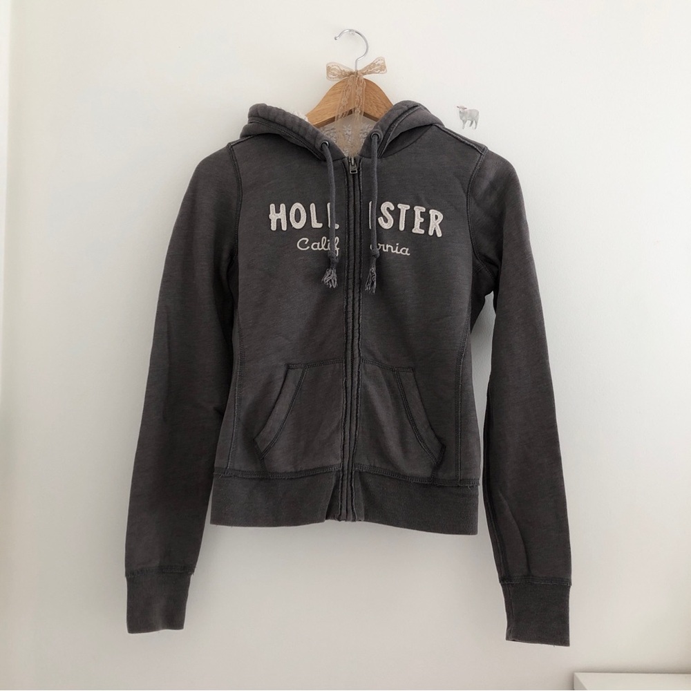 Hollister Grey Zip Hoodie with White Logo
